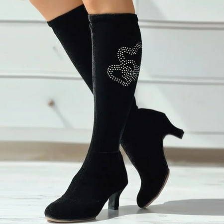 

Cathalem Bog Boots Women Mid Calf Ladies Rhinestone Heart Pattern Dancing Boots Mid Length Boots Women Wide Calf Boots with Heel E 7.5