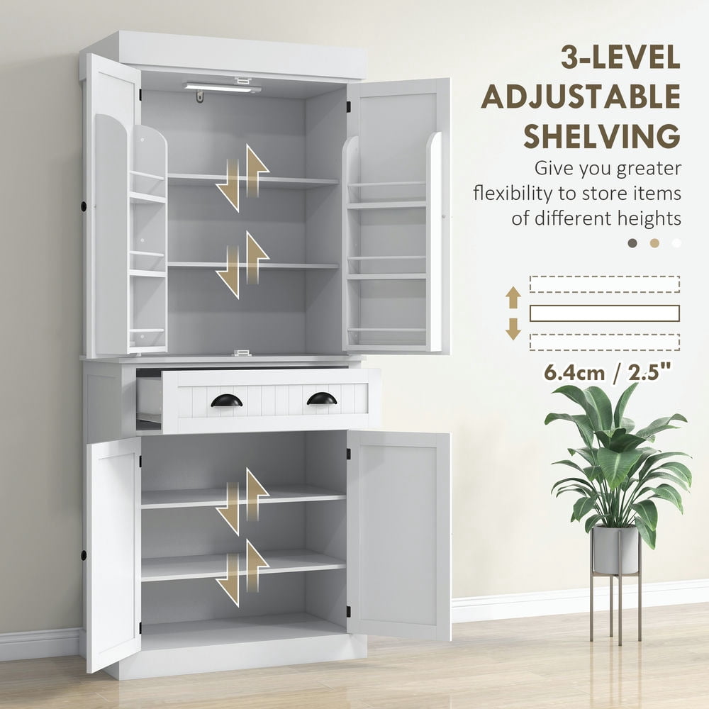 Resenkos Kitchen Pantry,71" Kitchen Pantry Cabinet with LED Lights, 6 Door Shelves, a Drawer and 4 Adjustable Shelves, White