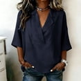 thumbnail image 2 of VEKDONE Cotton Shirts for Women Deep V Neck Collared Shirt Summer 3/4 Length Sleeve Tunic Tops Dressy Solid Color Loose Fit Work Blouse Navy L, 2 of 6