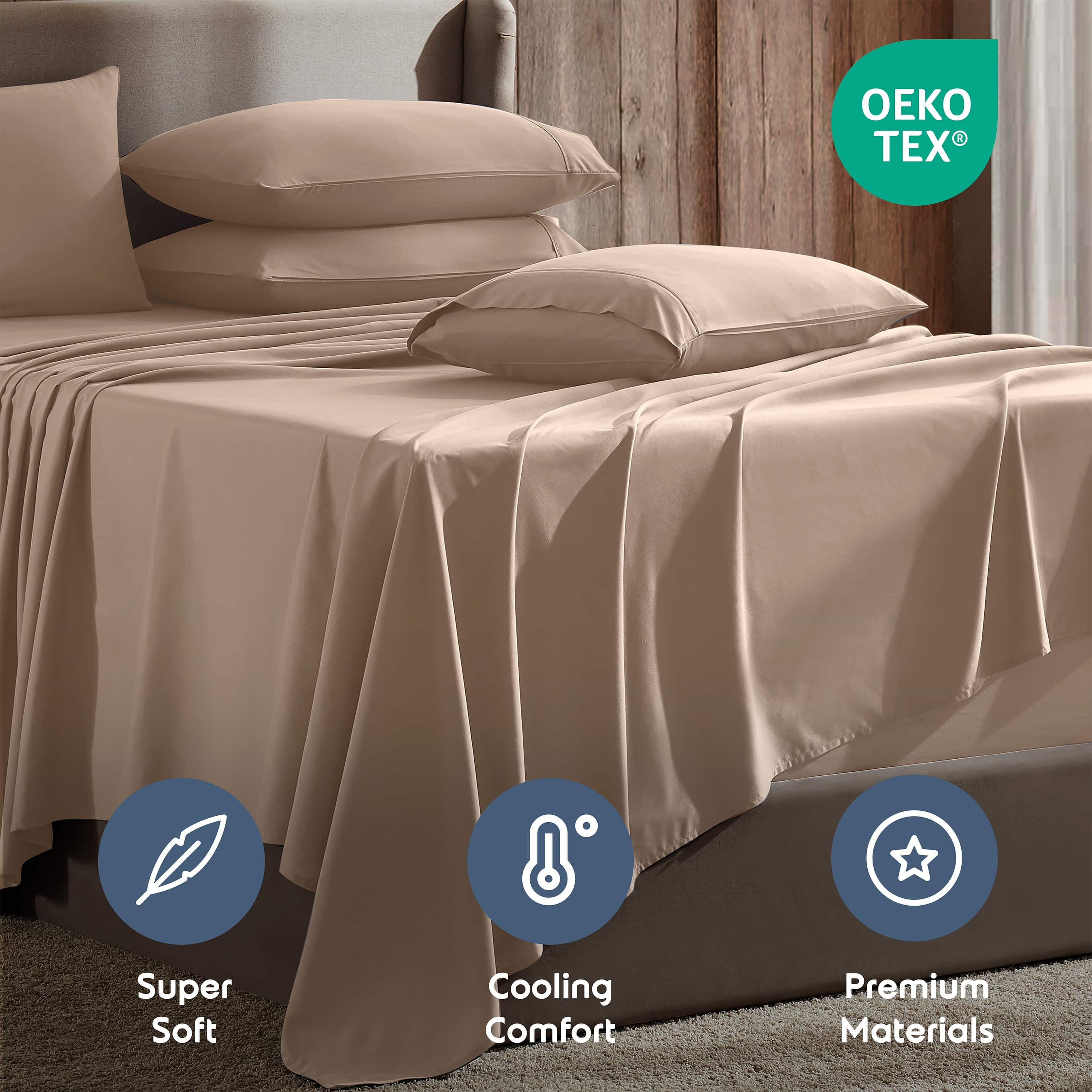 LammaLoe Extra Deep Pocket Split King Sheets set, Fits 18"-24" Mattress, 7 Piece Soft Microfiber Bed Sheet Sets, Taupe