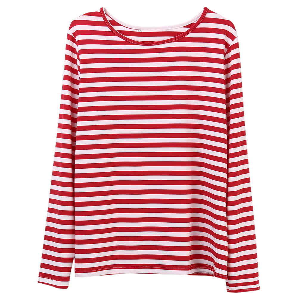 Puloru - Puloru Leisure Women Red White Striped Long Sleeve T Shirt