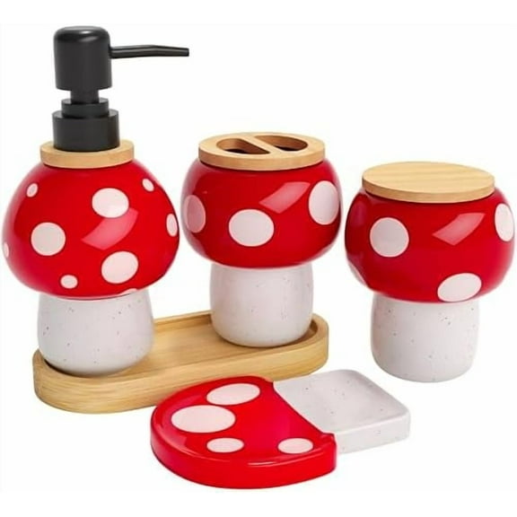 Mushroom Bathroom Decor Set – Ceramic Soap Dispenser, Toothbrush Holder, Canister, and Soap Dish with Bamboo Accessories – Cottagecore Bathroom Gifts for Women$$Home Decor, Kitchen, & Other