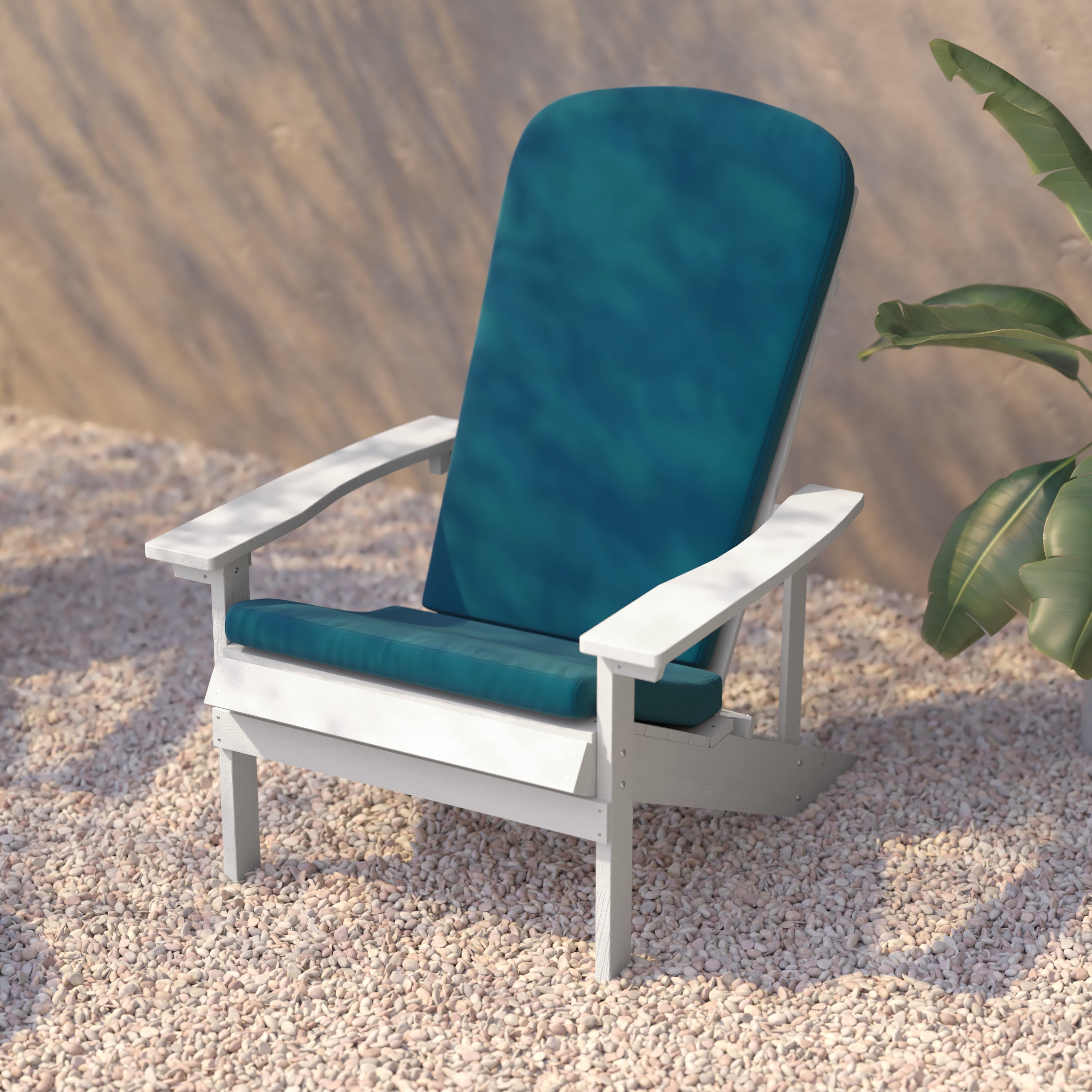 BizChair Set of 2 All-Weather Poly Resin Wood Adirondack Chairs in White with Teal Cushions for Deck, Porch, and Patio