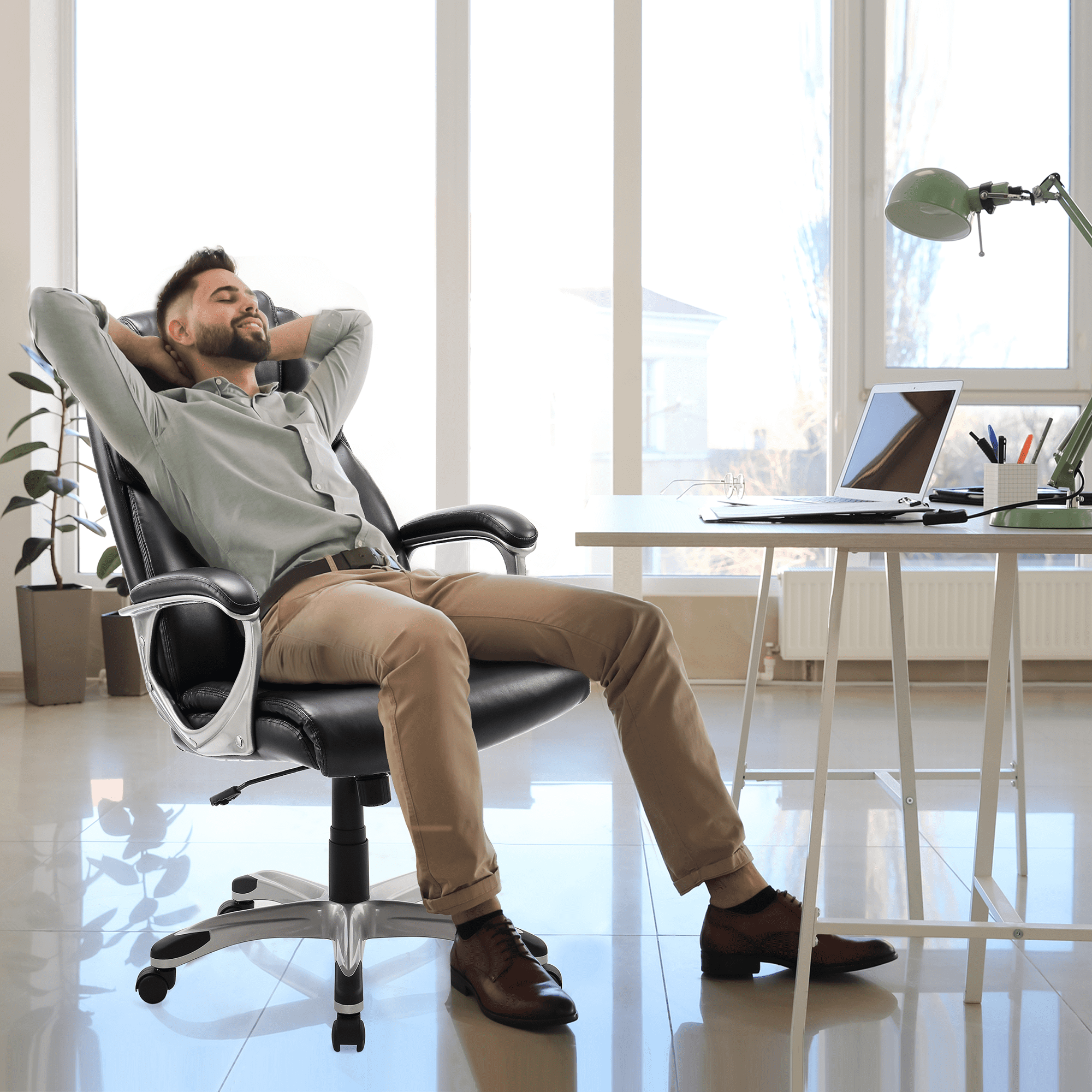 Medium-Back Leather Ergonomic Office Chair Computer Desk Chair with Lumbar Support Black