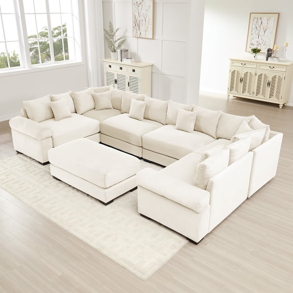 6-seater Oversized Cloud Modular Sectional Couch,Convertible Sectional Couches, Extra-Wide Armrests with an Ottoman,Soft Corduroy Fabric,Ergonomic Design, Easy Assembly, for Living Bedroom (White)
