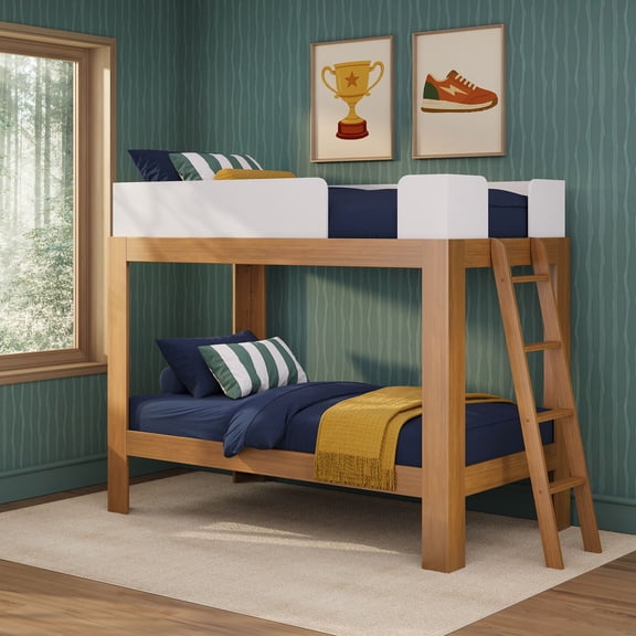 Max & Lily Bunk Bed, Mid-Century Modern Twin over Twin Solid Wood Bed Frame for Kids