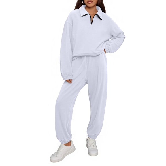 Women's Sweatsuits 2 Piece Outfits Lounge Sets Long Sleeve Zip-up Stand Collar Pullover and Baggy Sweatpants with Pockets White XL