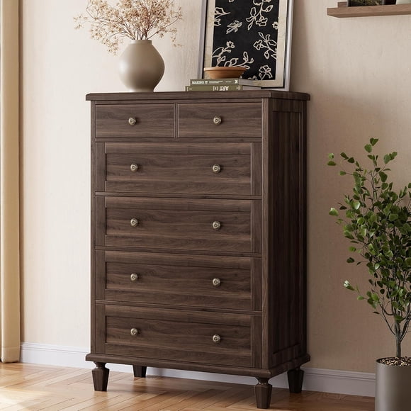 47" Tall Dresser for Bedroom, Vintage 6 Drawer Dresser with Carved Handles and Tapered Legs Design, Wood Chests of Drawers with Large Capacity Storage, Dark Brown