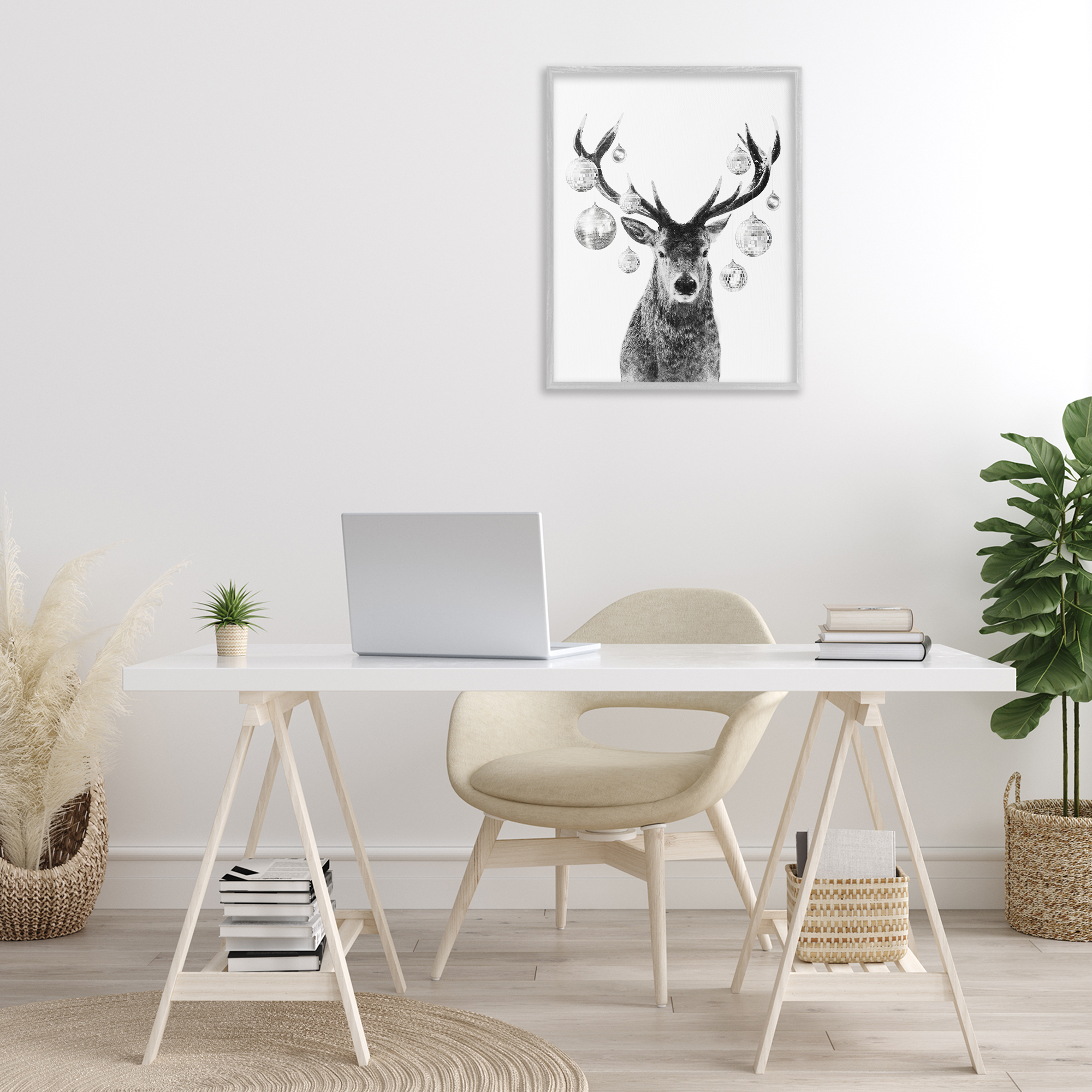 Stupell Industries Deer with Disco Balls Animals & Insects Painting Gray Framed Art Print Wall Art, 24 x 30