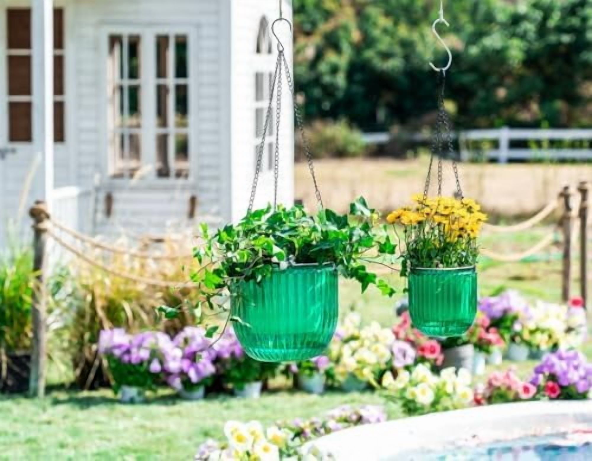 2 Pack Self Watering Hanging Planters Indoor Flower Pots, 5.3/8.3 Inch Outdoor Hanging Basket, Plant Hanger with 3Hooks Drainage Holes for Garden Home (Emerald)