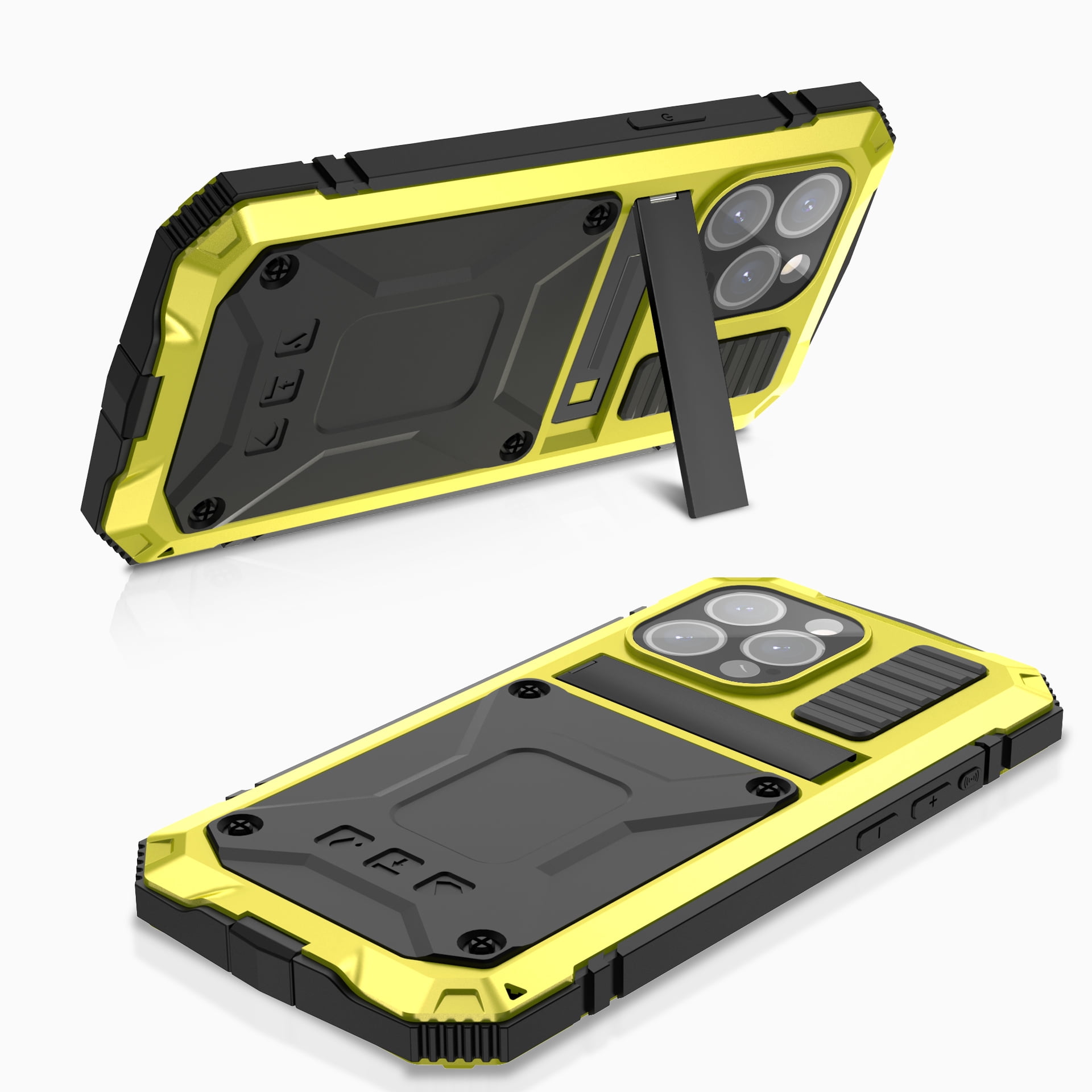 Dteck for iPhone 15 Pro Case,Outdoor Sports Military Heavy Duty Metal Cover Shockproof Dustproof Full Body Case with Built in Tempered Glass Screen Protector Hybrid Kickstand Cover,Yellow