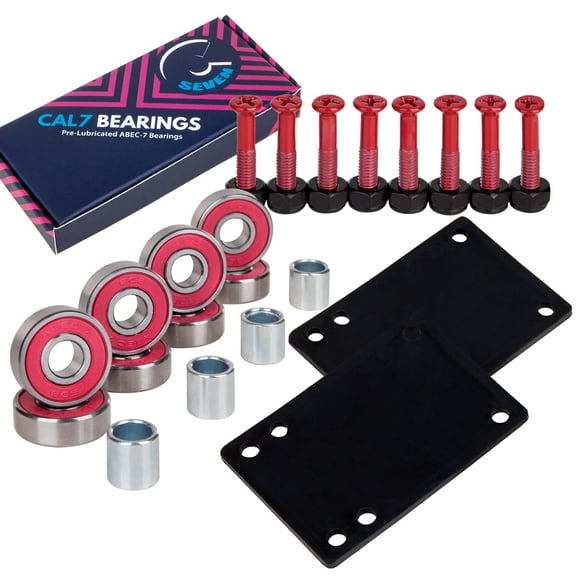 Cal 7 Skateboard Bundle - 1" Hardware, 1/8" Riser Pads, and ABEC-7 Bearings (Red)