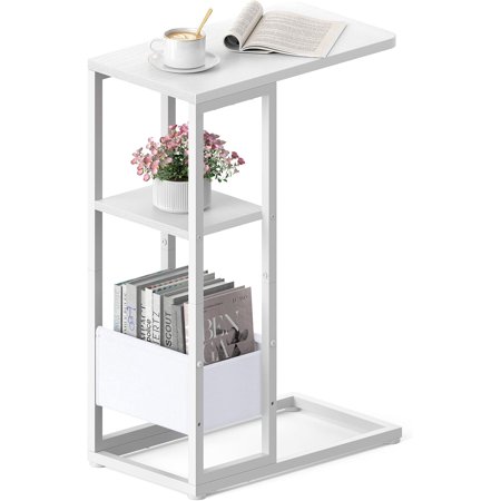 C Shaped End Table with Charging Station Small Side Table for Couch Recliner Slide Under Sofa Desk Snack Tables with Storage Bag & AC / USB Outlet Small Spaces Drink Tables for Liv