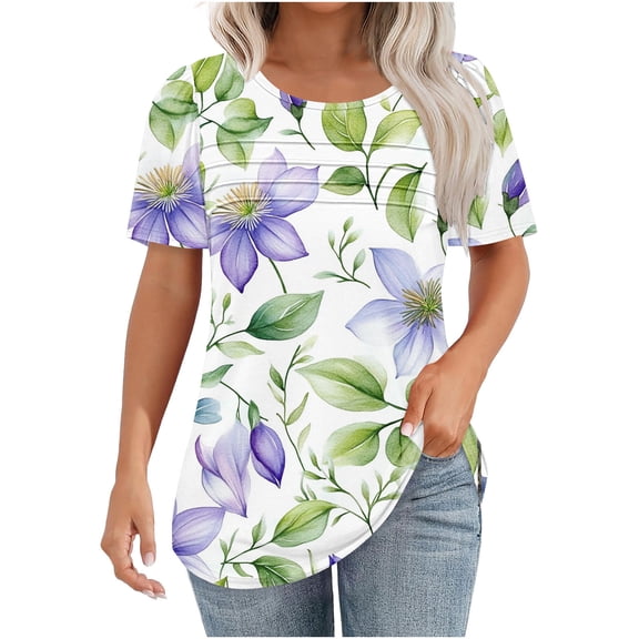 Erwazi Summer Tops for Women Short Sleeve Shirts Dressy Casual Blouses Pleated Tunic Tops T-Shirts