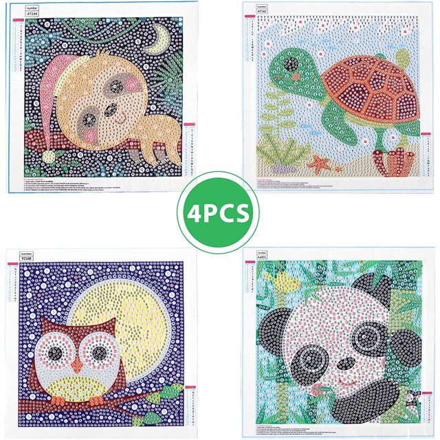 Kit de pintura de diamantes 5D para ni?os Kits de pintura de números completos, artes y manualidades de diamantes para decoración de paredes, panda/búho/perezoso/tortuga, paquete de 4, 15*15 cm LingWen 1327534289381