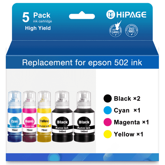 HIPAGE 502 Ink Bottle Compatible with Epson 502 Ink Bottles (Black Cyan Magenta Yellow, 5 Pack)