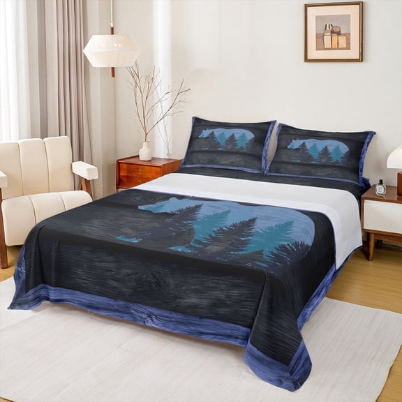 Homewish Adult Wildlife Bear Twin Sheet Sets, Rustic Lodge Cabin Twin Fitted Sheet, Animal Wildlife Flat Sheet, Breathable Home Decor, 3-Piece