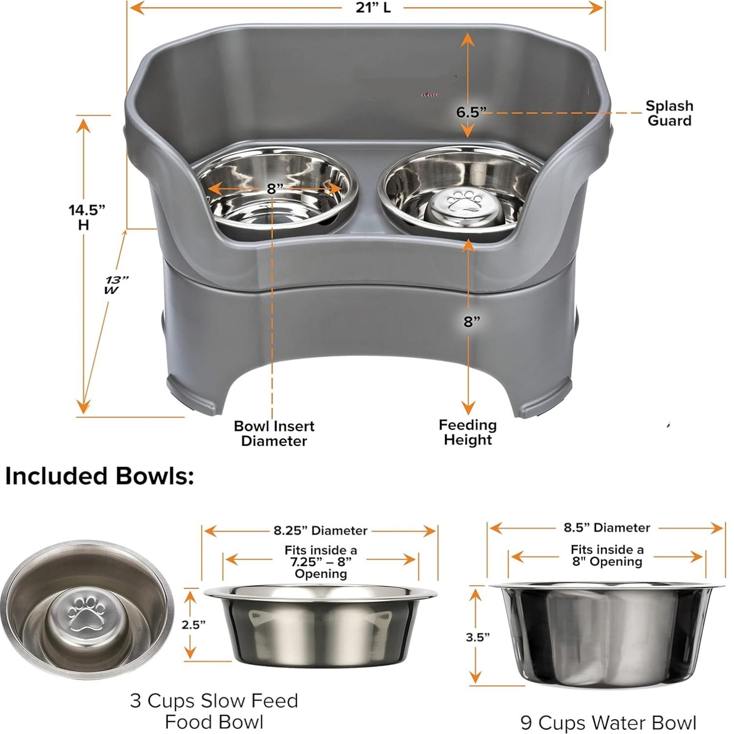 Deluxe Mess Proof Dog Bowls Elevated for Large Breeds – No Spill Raised Slow Feeder Elevated Dog Bowl Stand, Stainless Steel Food and Water Bowl Set, Grey