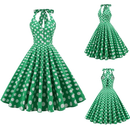 

BDFZL Dresses for Women 2022 Women Fashion Casual Sexy Polka-Dot Lace-Up Collar Halter Neck Lacing Slim Big Swing Puffy Corset Big Hem Skirt Dress Green S-
