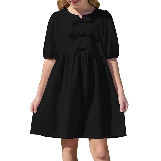 Diufon Robes d'Été pour Filles Manches Courtes Nœud Papillon Dos Bouton Col Rond Robe Douce Plissée avec Poches