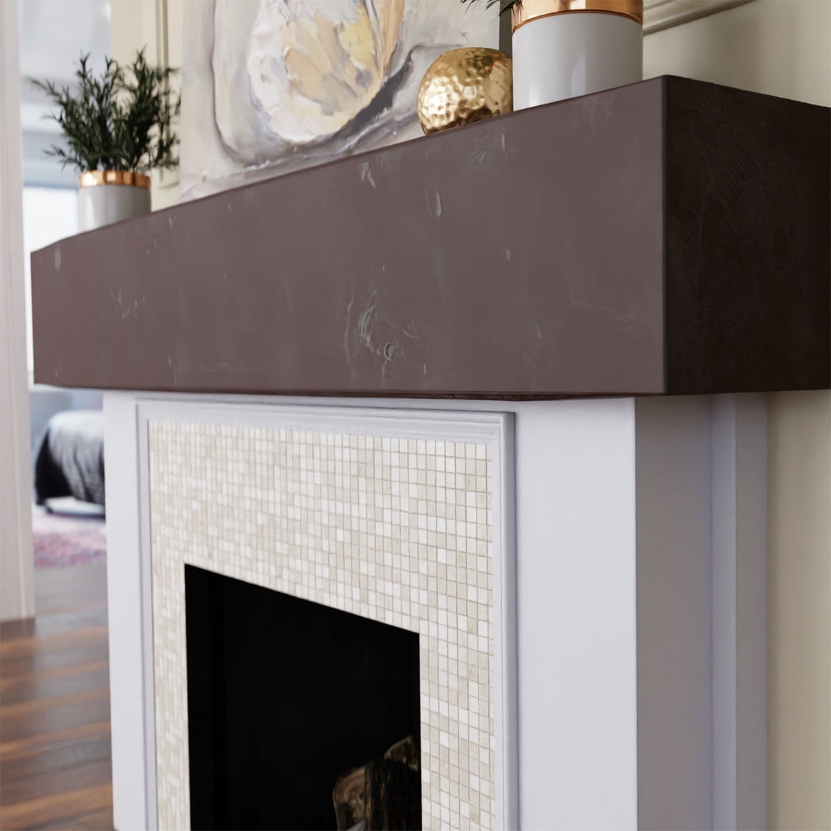 Ekena Millwork 6"H x 8"D x 72"W Knotty Pine Faux Wood Fireplace Mantel, Aged Pecan