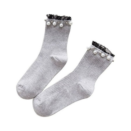 

1 Pair Medium Tube Cotton Stocking Japanese Lace Pearl Socks Pile Socks Lady Socks for Student Girl (Light Grey)