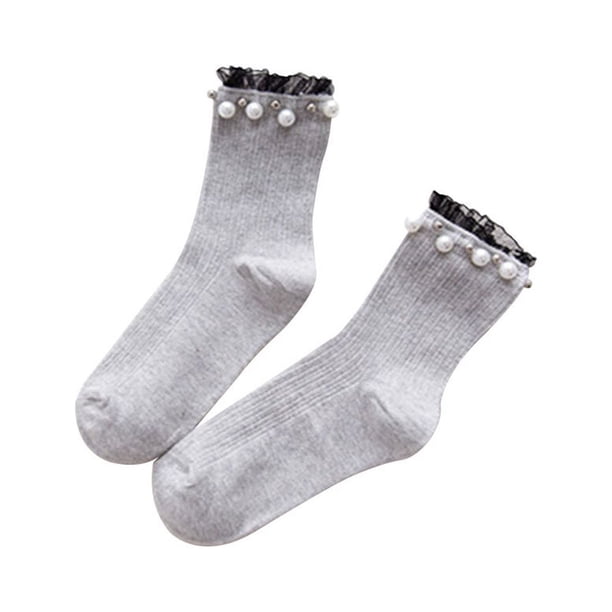 1 par de medias de algodón de tubo mediano, calcetines de perlas de encaje japonés, calcetines de pila, calcetines de señora para estudiante, niña (gris claro)