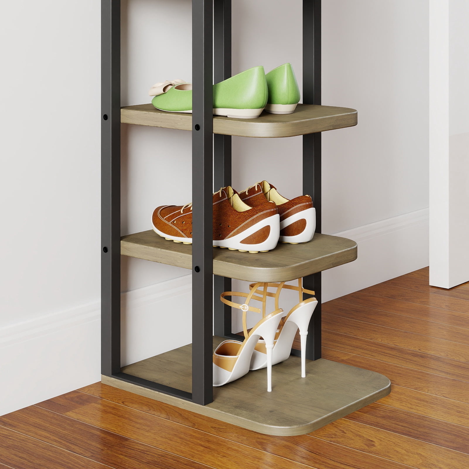 8 Tier Vertical Shoe Rack, Narrow Shoe Storage Organizer with Adjustable Shelves and 2 Hooks, for Small Spaces Entryway Living Room Bedroom