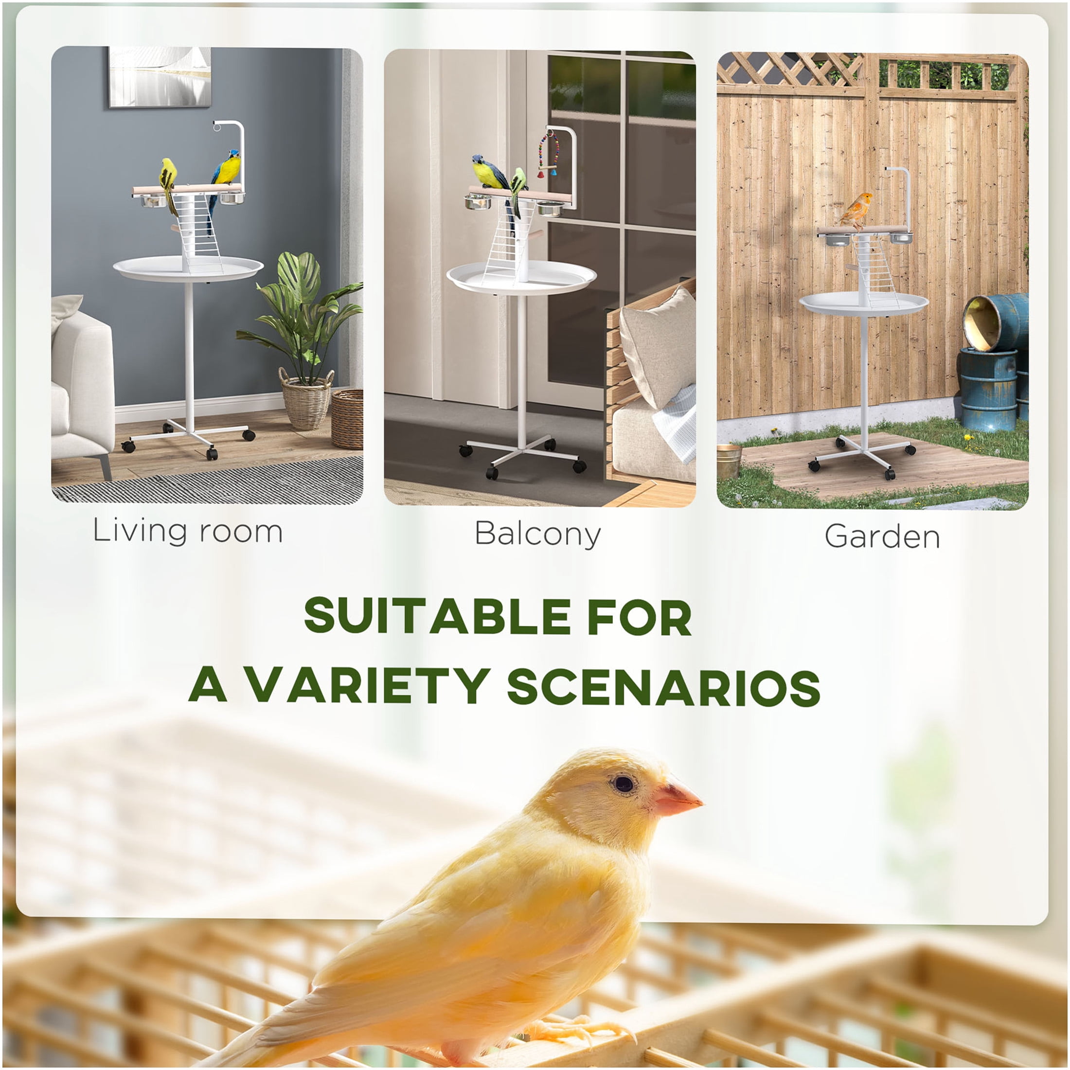 JERFIT White Bird Cage Stand on Wheels, Mobile Parrot Play Gym with Stainless Steel Bowls, Perches & Ladder for Small Parakeets Cockatiels Lovebirds Indoor Outdoor Use