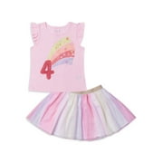 Miniville Toddler Girls Birthday Graphic T-shirt & Tutu Skirt, 2-Piece Outfit Set (4T-5T)