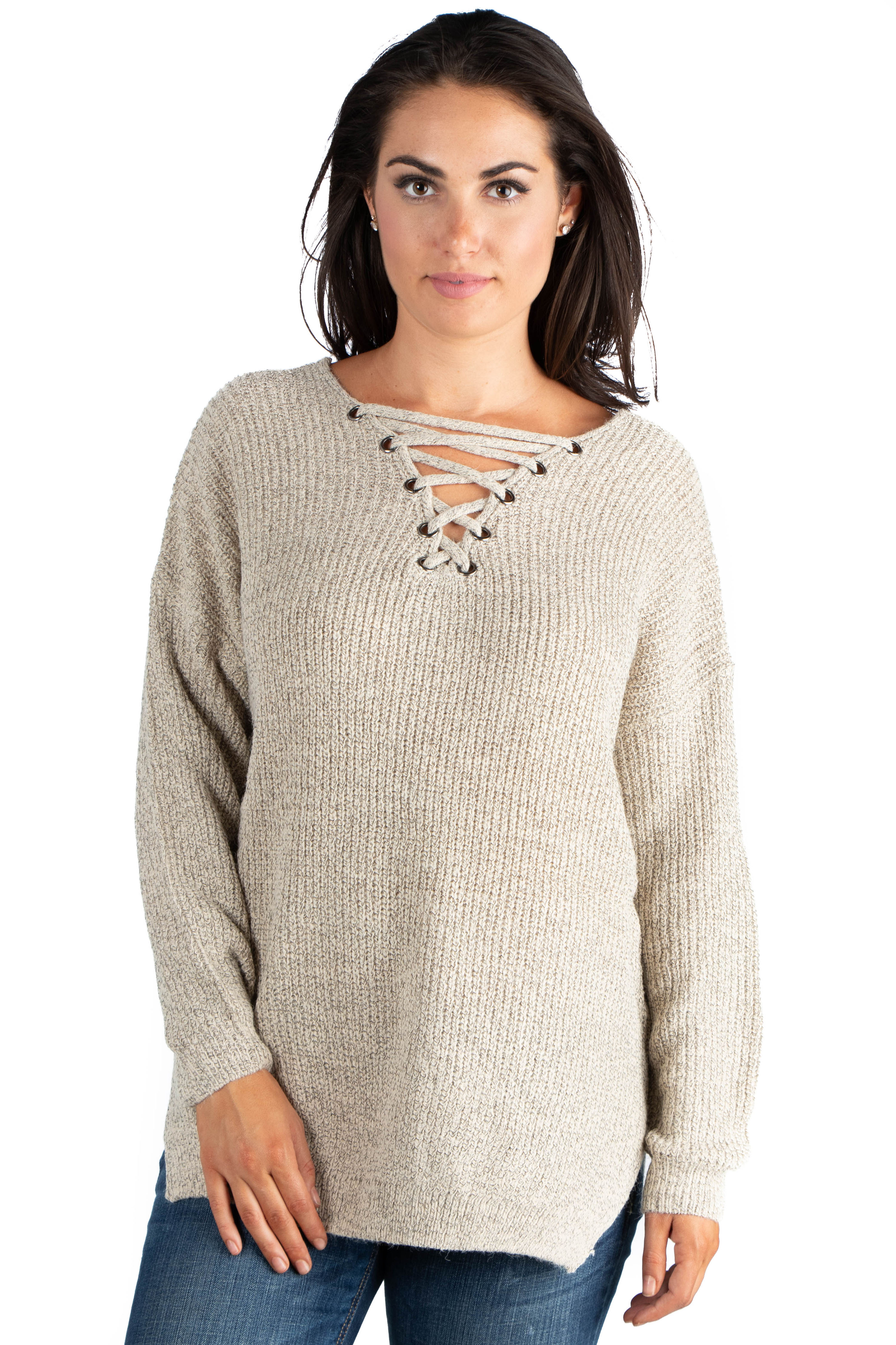 Mock Lace-Up V-neck Sweater Top 