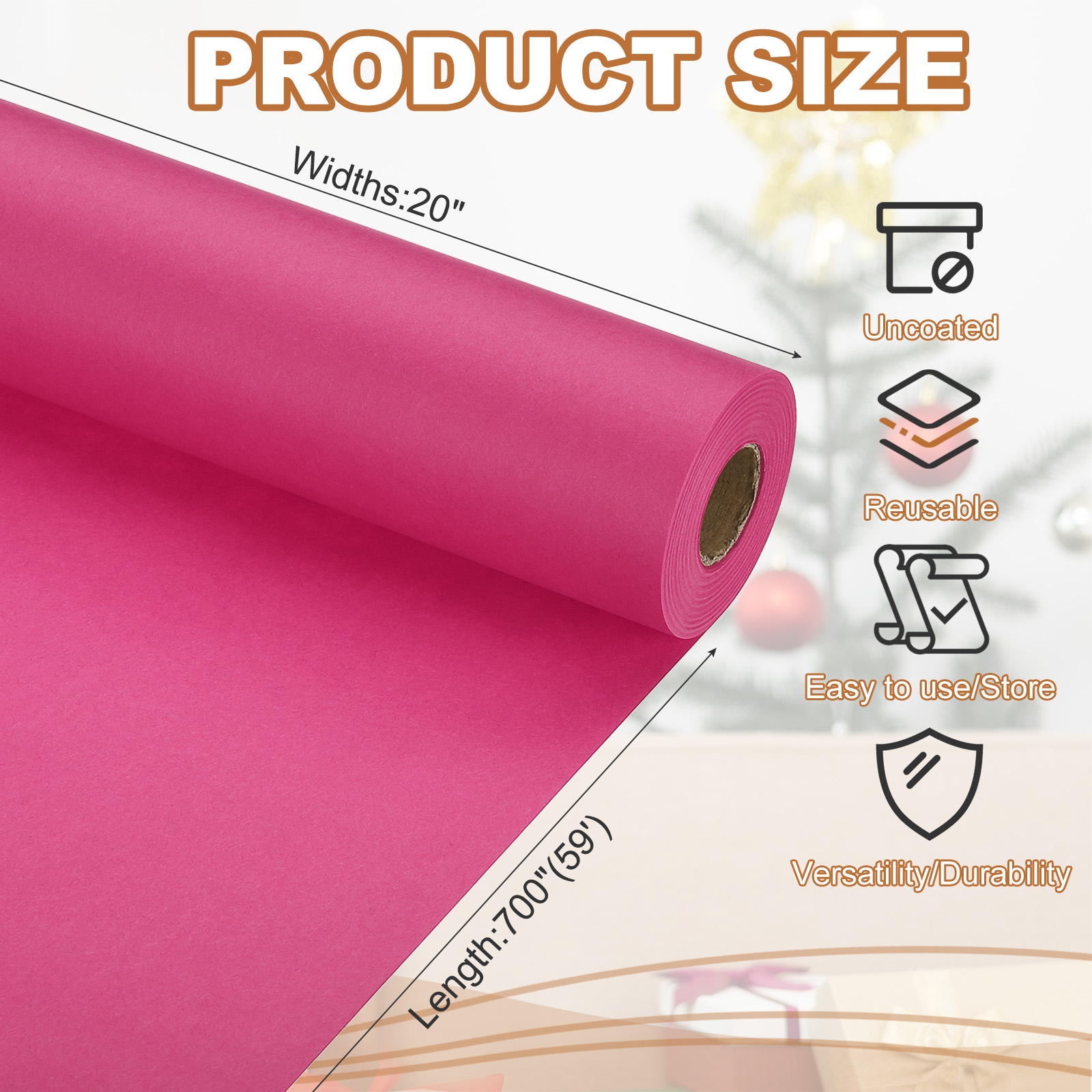 Uxcell 1 pack Wrapping Paper, Craft Paper Packing Paper 20" x 700"(59') Dark Pink