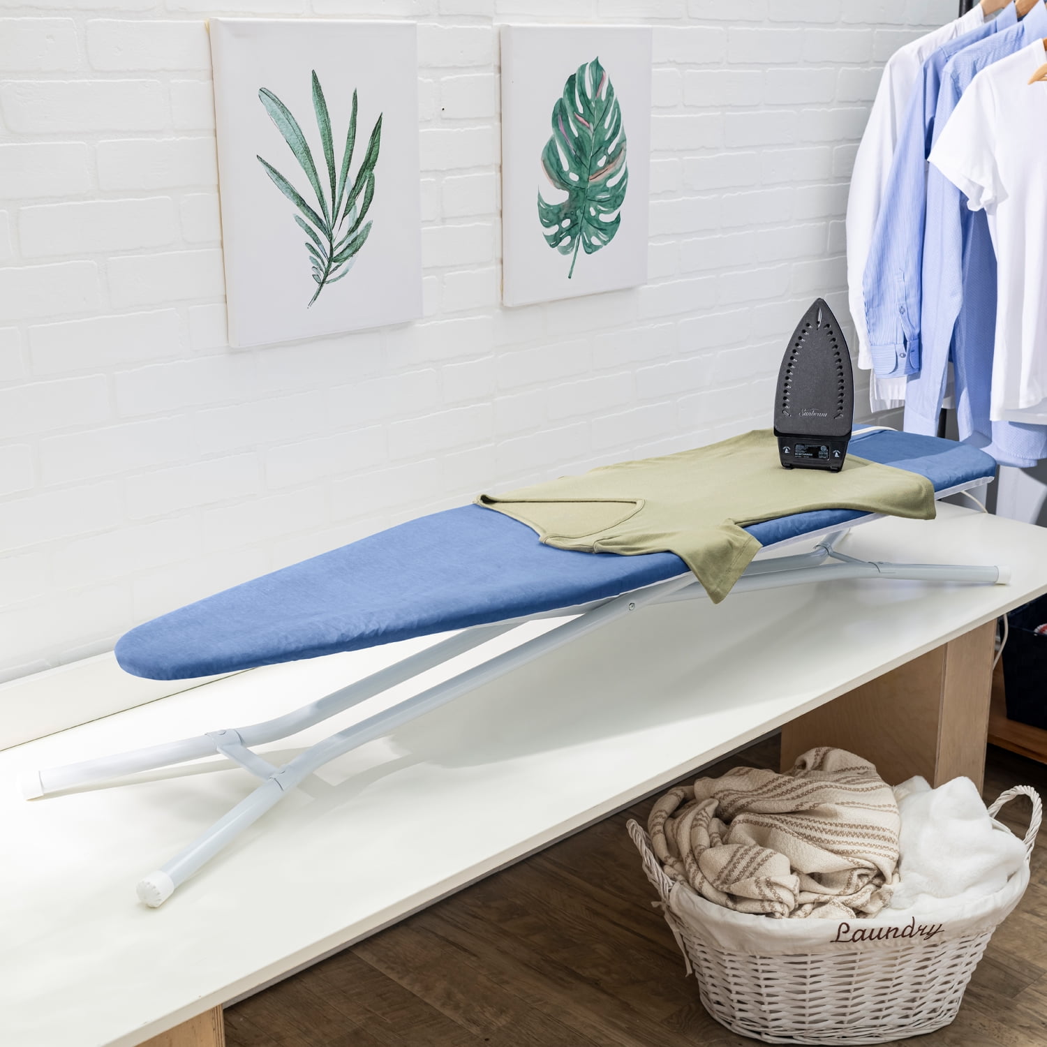 Seymour Home Products Adjustable Height Ironing Board, 4-Leg Steel Frame with 100% Cotton Mesh Top, Forever Blue