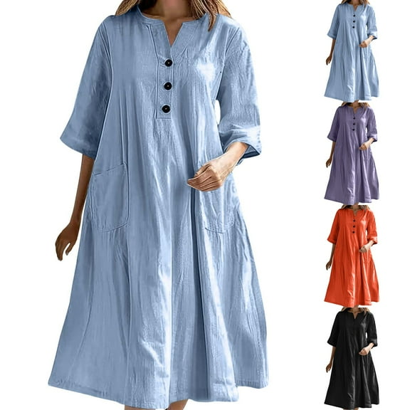 Kmdttou Plus Size Summer Dress for Women's Solid Color Short Sleeved Button Round Neck Mid Length Dress