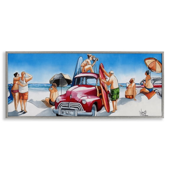 Stupell Industries Group Of Beachgoers People Painting Gray Framed Art Print Wall Art, 30 x 13