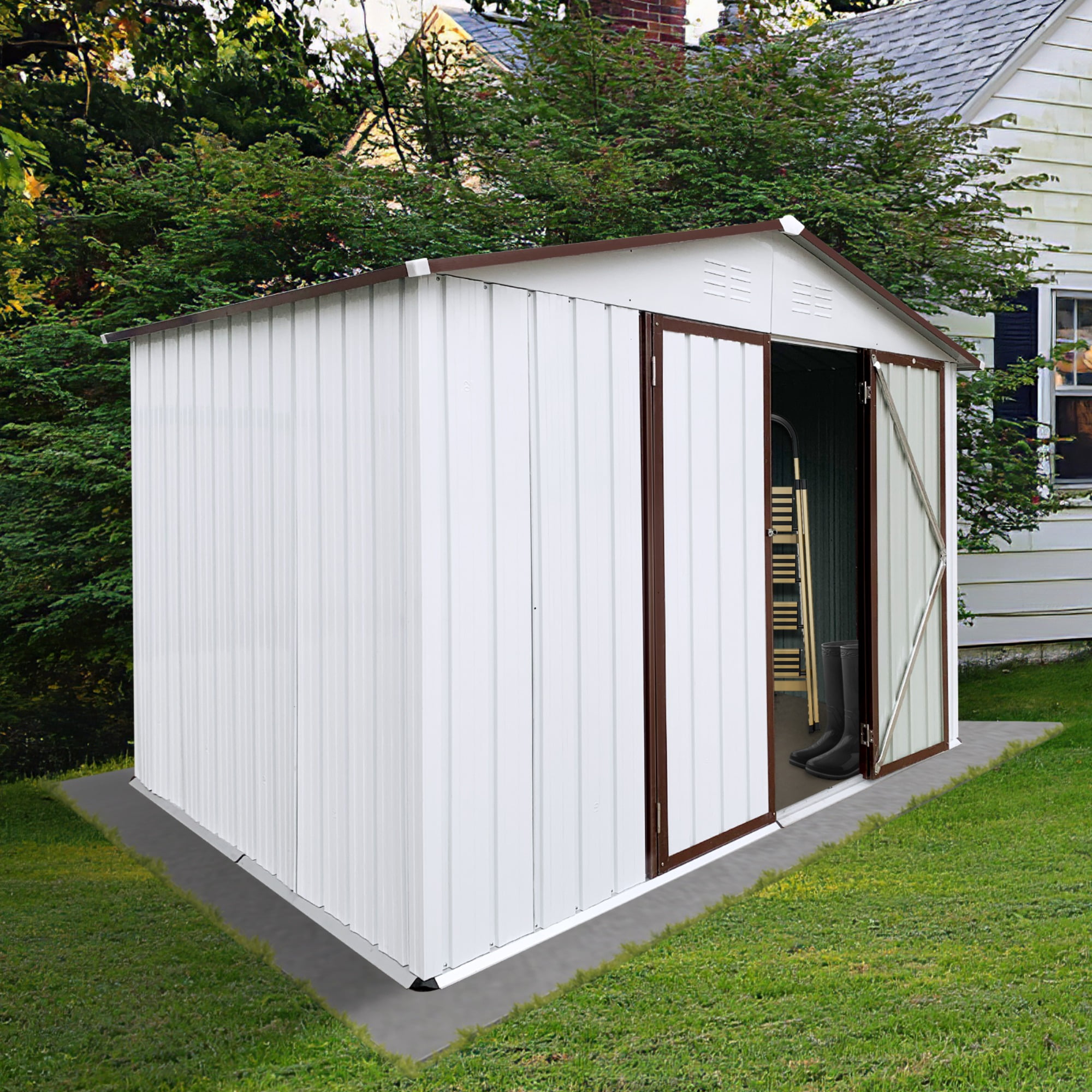 JXXRZ 10x8ft Compact Steel Storage Shed, Weather-Resistant Metal Shed for Garden Tools & Lawn, White&Brown