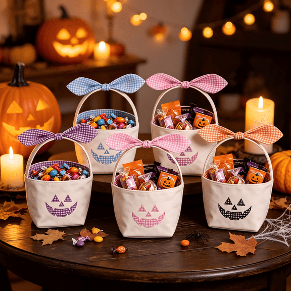Halloween Candy Basket with Handle, Canvas Treat Bucket Jack-o'-Lantern for Trick or Treat Party Favors Gift Giving (Black)