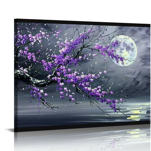 Nawypu Purple Plum Blossom Flower Painting on Canvas Black and White Seascape Wall Art Abstract Artwork for Bedroom Decor