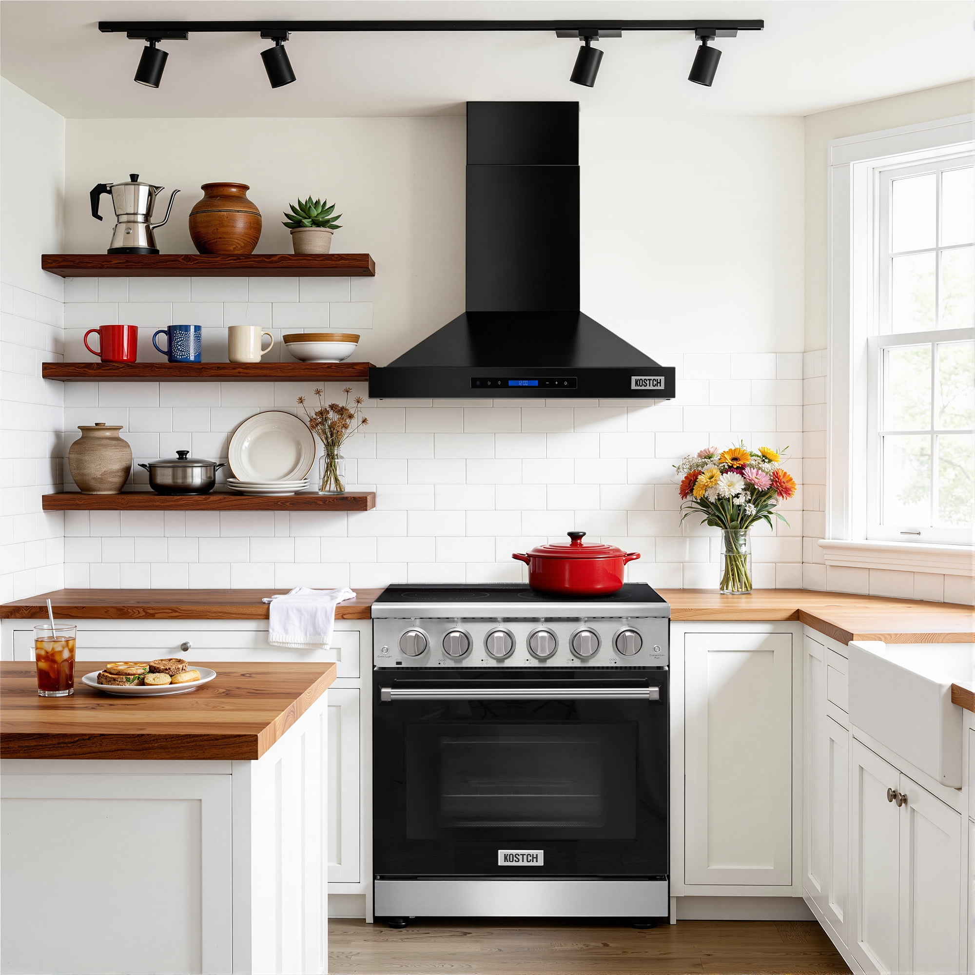 KOSTCH 30 inch Convertible Ducted Wall-Mount Range Hood, 600 CFM Kitchen Vent Hood with 3 Speed Exhaust Fan & LED Light, Kitchen Range Hood with Touchscreen Control Panel & Remote Control