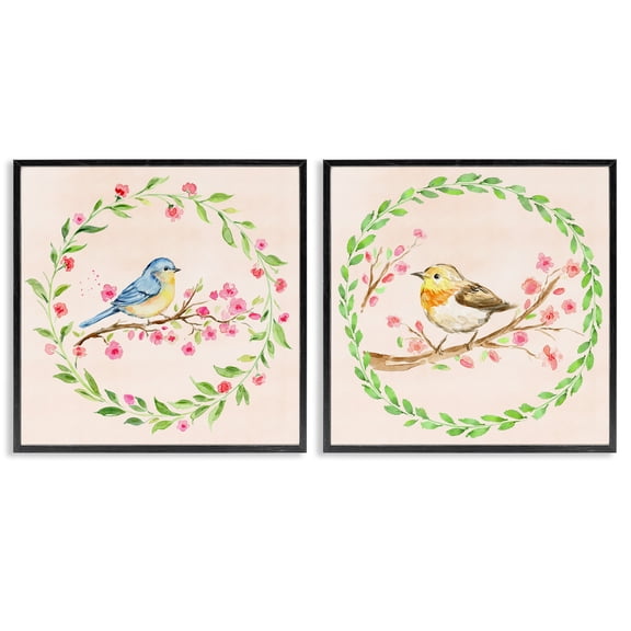 Spring Branches & Wreath Birds 2 Piece Black Framed Giclee Art Set, design by Elena Fay