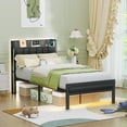 thumbnail image 5 of Twin Size Bed Frame with LED Light and Charging Station, Grey Upholstered Storage Headboard with Shelf, Metal Platform Bed with Heavy Duty Slats, No Box Spring Needed, Noise Free, 5 of 18