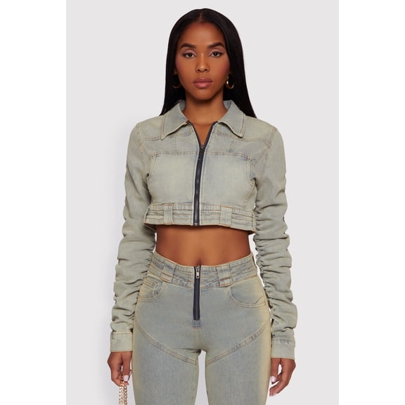 Women's Acid Wash Cropped Zip Front Jean Jacket