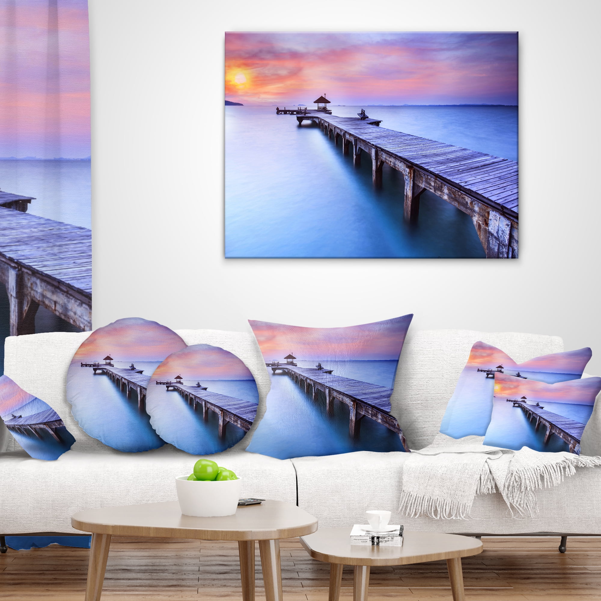 Designart Blue Wooden Bridge - Seascape Photography Throw Pillow - 18x18