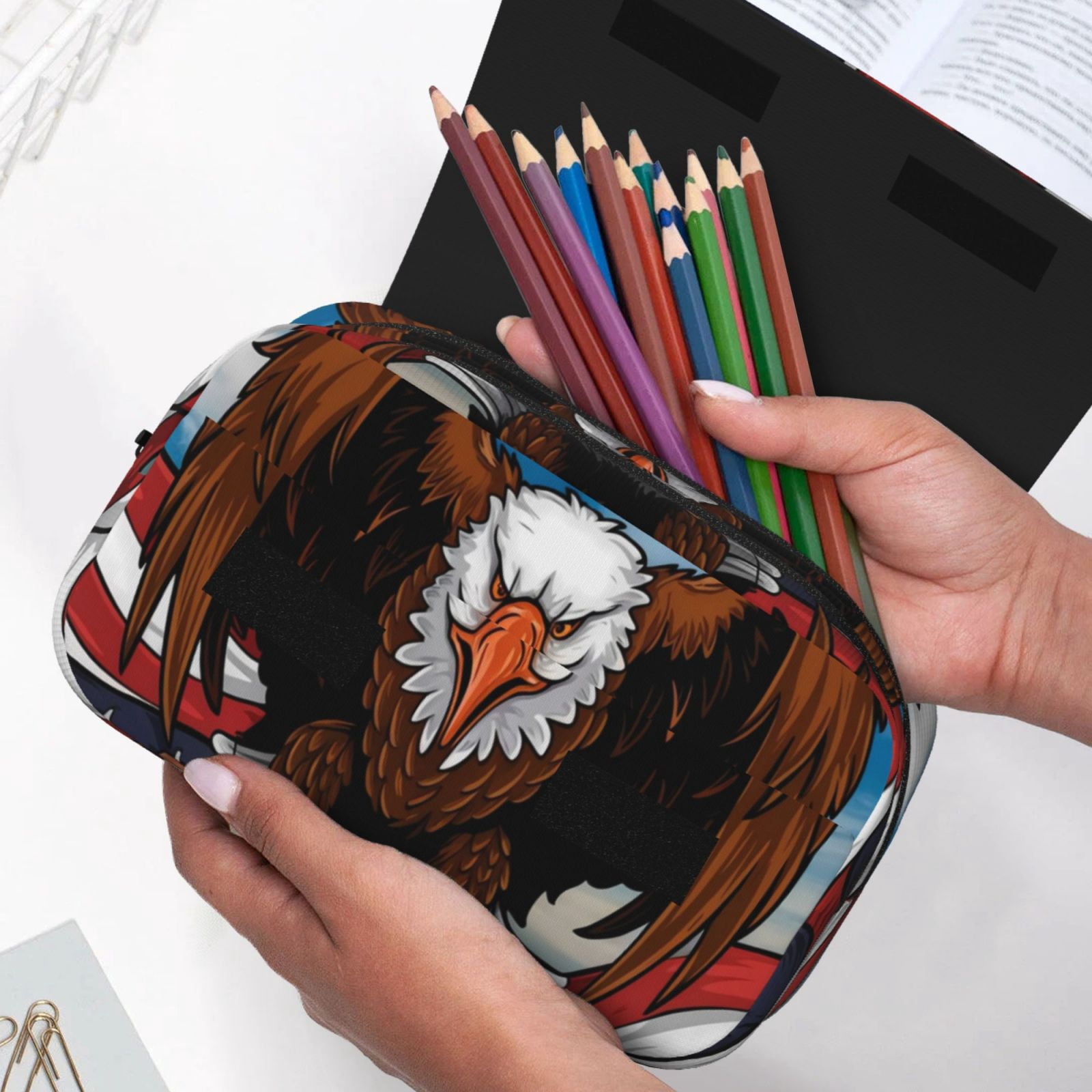 Rateoe Cartoon Bald Eagle USA Pattern Double Clamshell Pen Case, Storage Organizer with Two Zipper Compartments– Holds Up to 50 Pencils & Pens