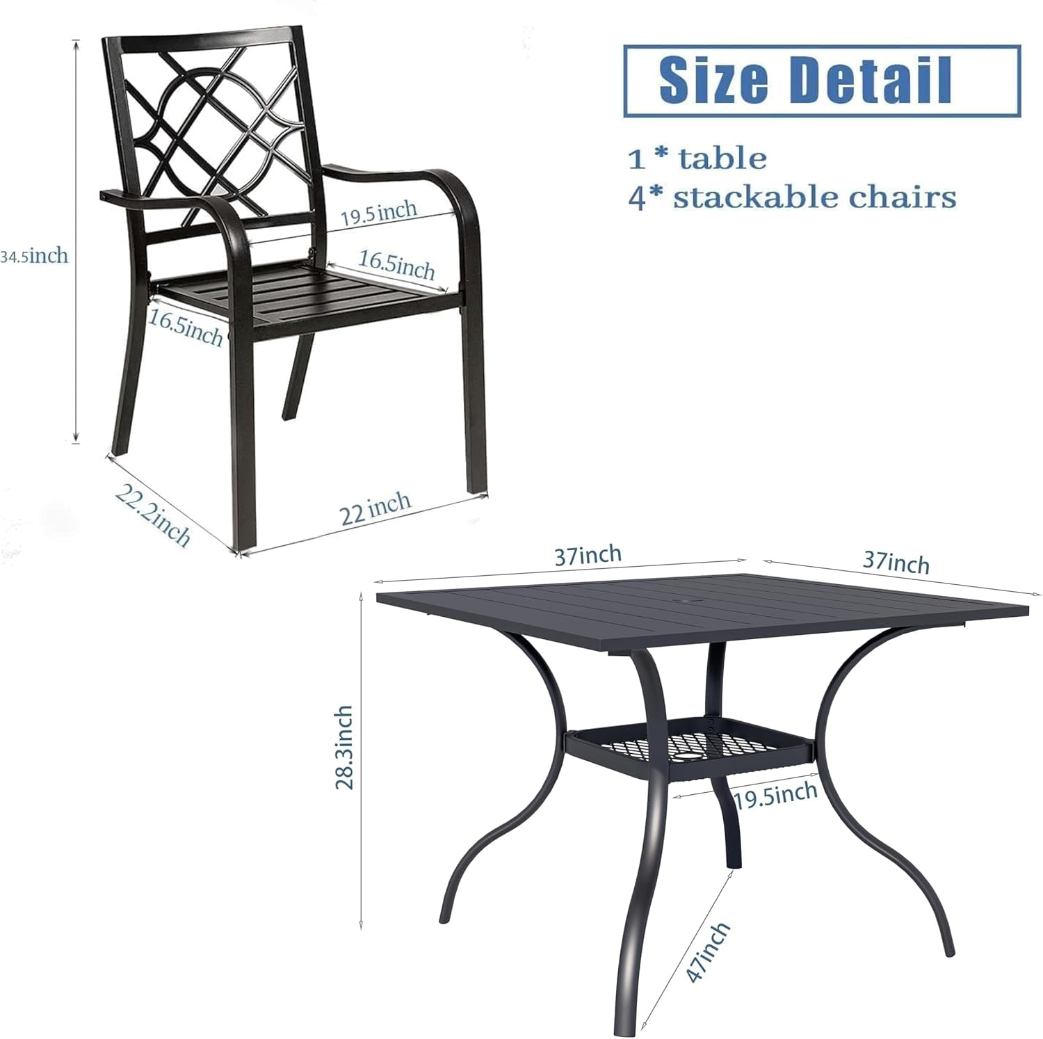 Suncrown 5-Piece Metal Outdoor Patio Dining Set with Square Table, Black
