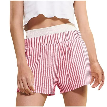 Qiopertar Women s Striped Elastic Waist Shorts Casual Lounge Pajama Pants High Waist Comfy Sleepwear Home Wear Spring Summer Vacation Beach Hot Pink M
