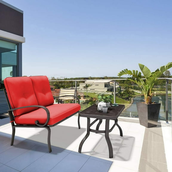 Costway 2PCS Patio LoveSeat Coffee Table Furniture Set  Bench W/ Cushions Red