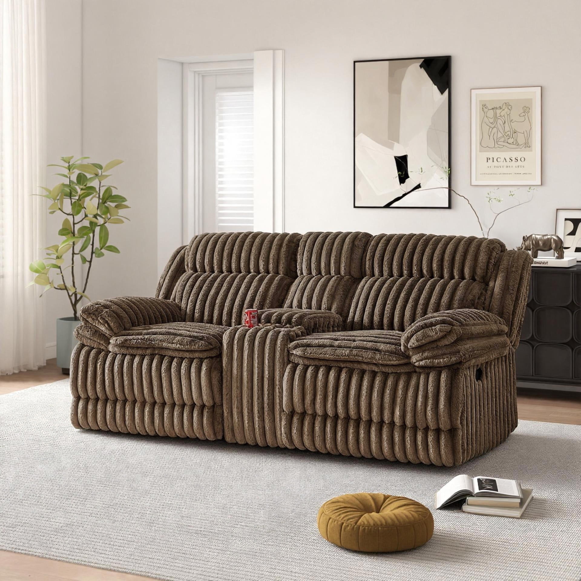 Roundhill Furniture Ardello Manual Reclining Loveseat with Wide-Wale Corduroy Upholstery and Storage Console, Chocolate
