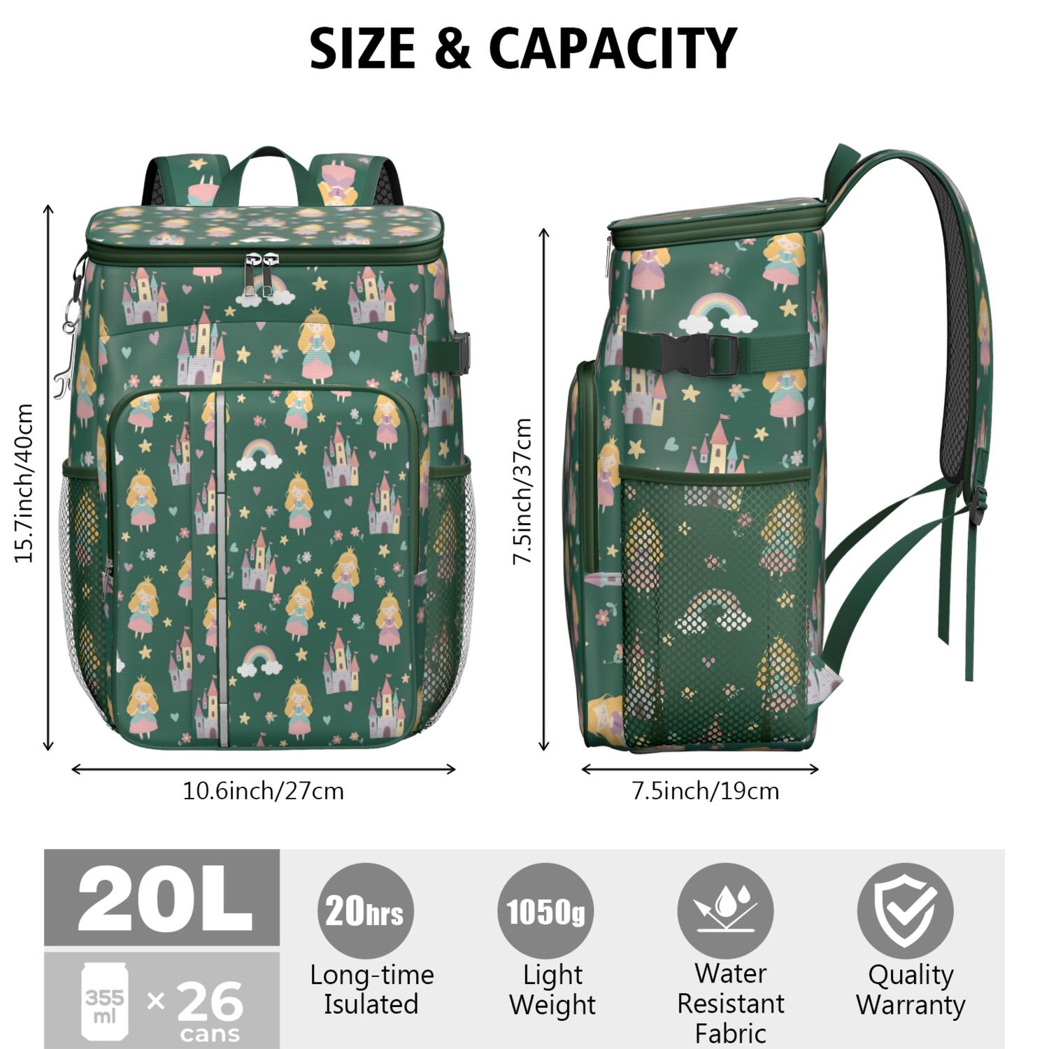 Travel Cooler Bag - Green Princess Castle Pattern Camping Beer Cooler Backpack with Bottle Opener- Waterproof Insulated Picnic Backpacks - Cooler Bag for Beach
