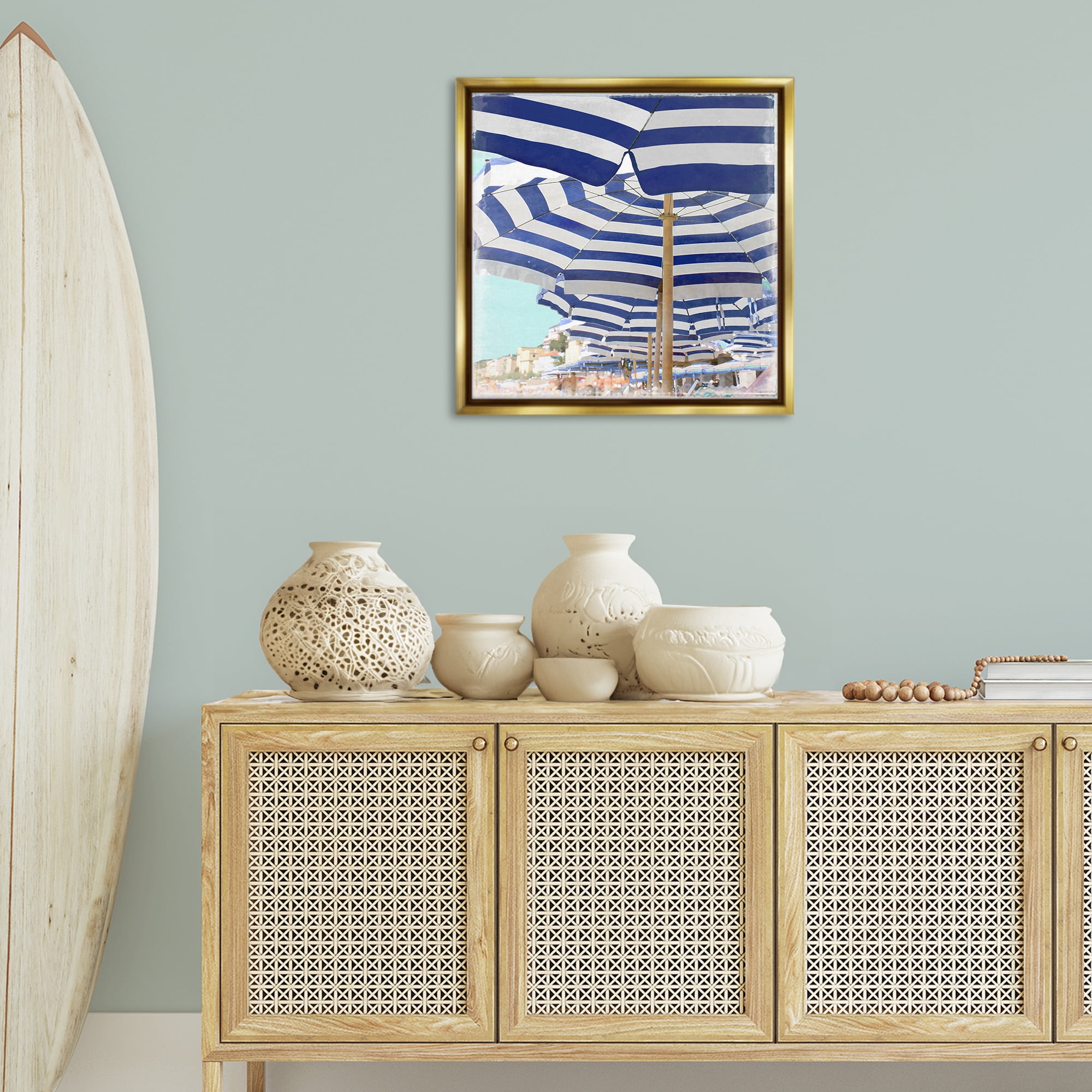 Stupell Industries Under Beach Umbrellas Nautical & Beach Painting Gold Floater Framed Canvas Art Print Wall Art, 25 x 25